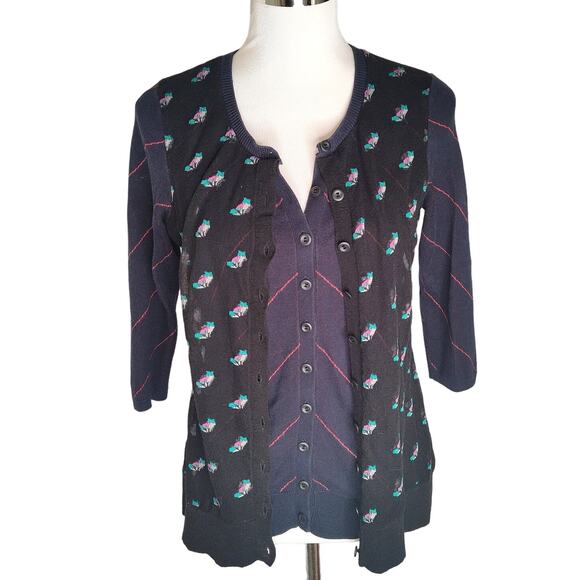 Moth Anthropologie cardigan pinstripe fox pattern vest navy red black retro S - Picture 1 of 8